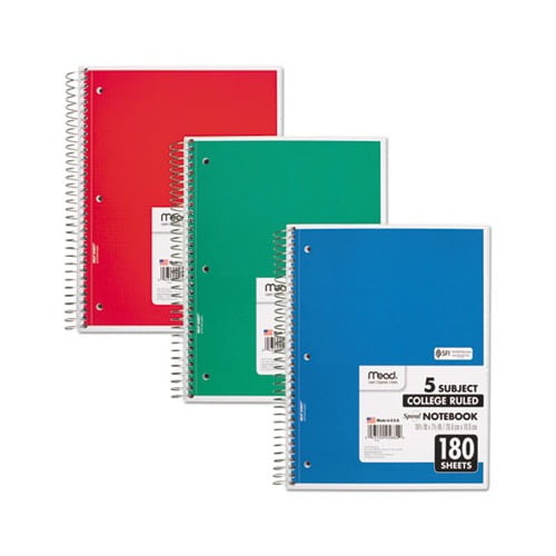 Spiral Notebook 5 Subjects, Medium/College Rule, Assorted Color Covers, 10.5 x 8, 180 Sheets