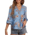 thumbnail image 1 of Liacowi Women Juniors V Neck Floral Top 3/4 Bell Sleeve Blouses Casual Loose Fit Lace Patchwork Hollow Out Shirt Plus Size Tops, 1 of 6