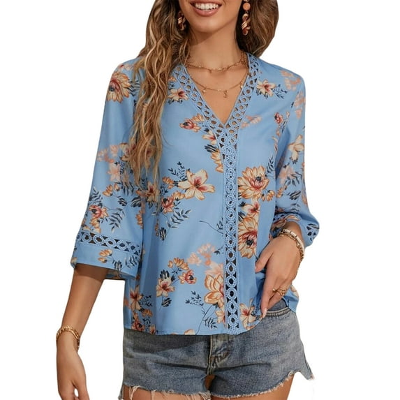Seyurigaoka Womens Summer Tops Boho Floral Printed 3/4 Sleeve V Neck Shirts Casual Hollow-Out Patchwork Loose Blouses