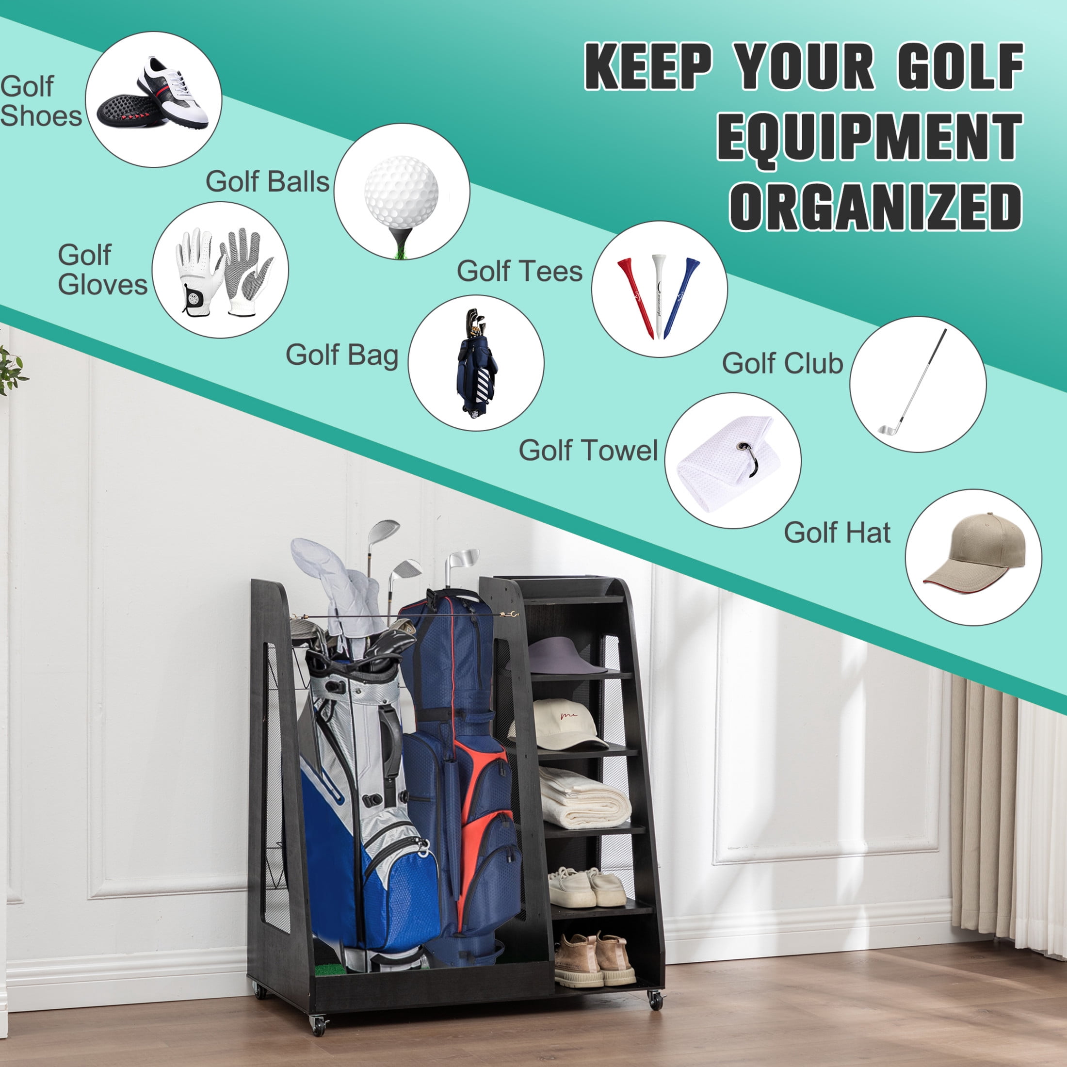 Noble House 35" Mobile Wooden Golf Bag Organizer, Garage Clubs Storage Rack with Lockable Casters, Black