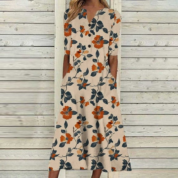 Vetsdori Short Sleeve Maxi Dresses for Women Tunic Sundress Holiday Summer Party,Beach V-Neck Ladies Dress Floral Print