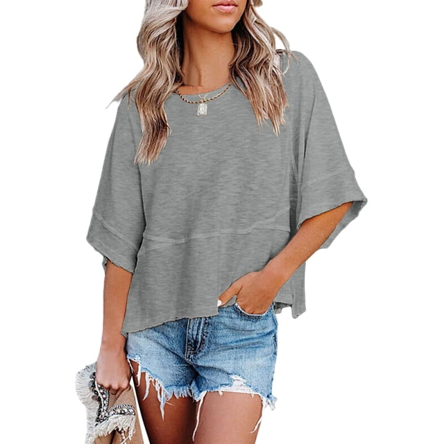 fheaev Blouses à Enfiler Manches 3/4 pour Femmes Tops d'Été Décontractés Col Rond Manches Mi-Longues T-Shirts Couleur Unie Coupe Ample Mignon Basique Fluide