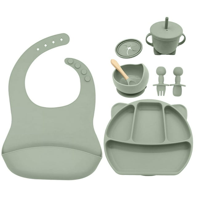 Silicone Baby Toddler Tableware Set Children Non-Slip Dinnerware with Silicone Bib Silicone Bowl Divided Plate with Suction Silicone Sippy Cup Silicone Snack Cup for Baby Toddler