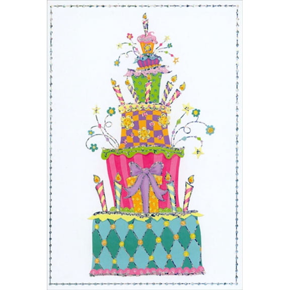 Pictura Stacked Cake, Present and Cupcakes : Patterned Icing Birthday Card
