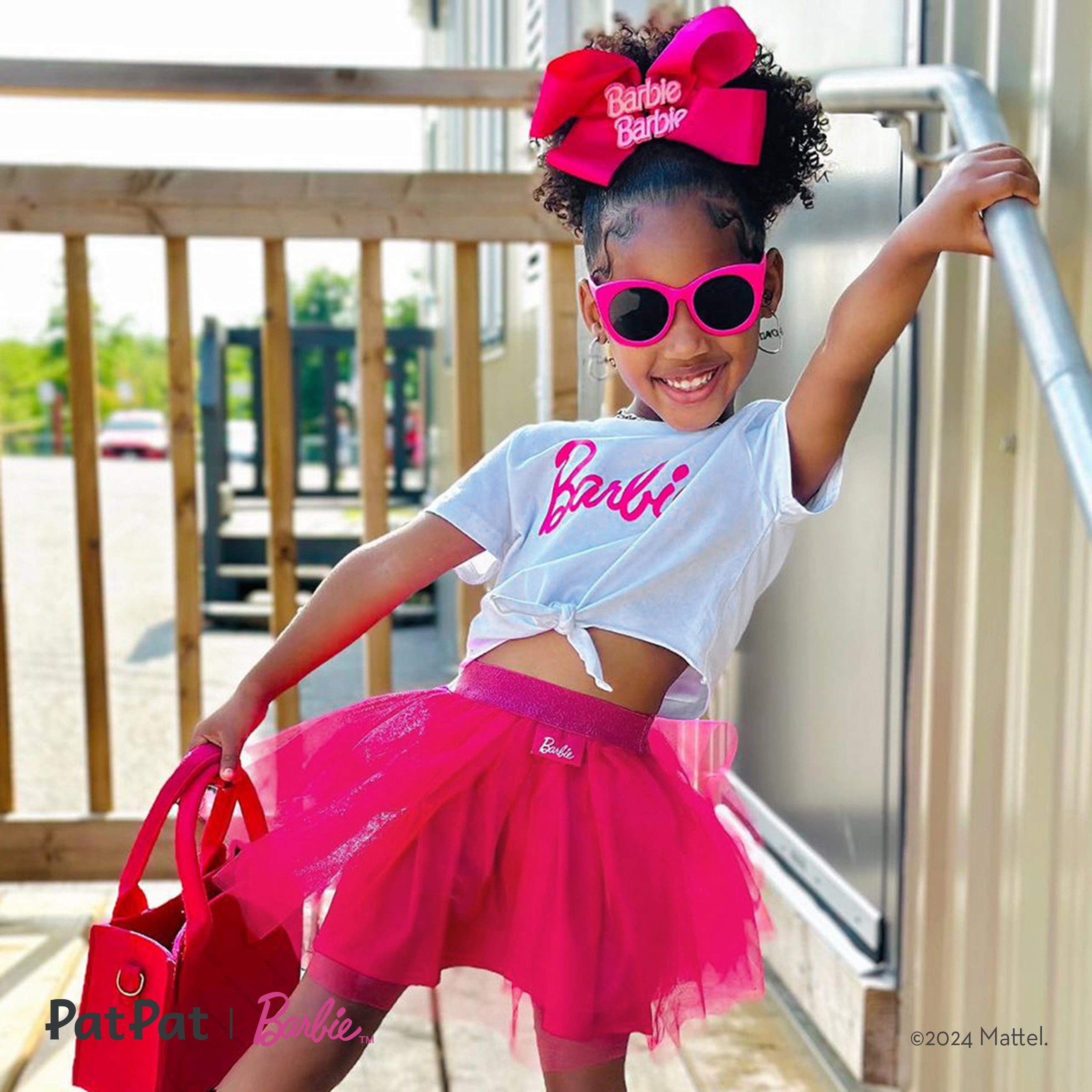 Barbie Toddler Girls Letter Print Tie Knot Cotton Tee with Mesh Skirt 2 Pieces Outfit Set Sizes 2-6