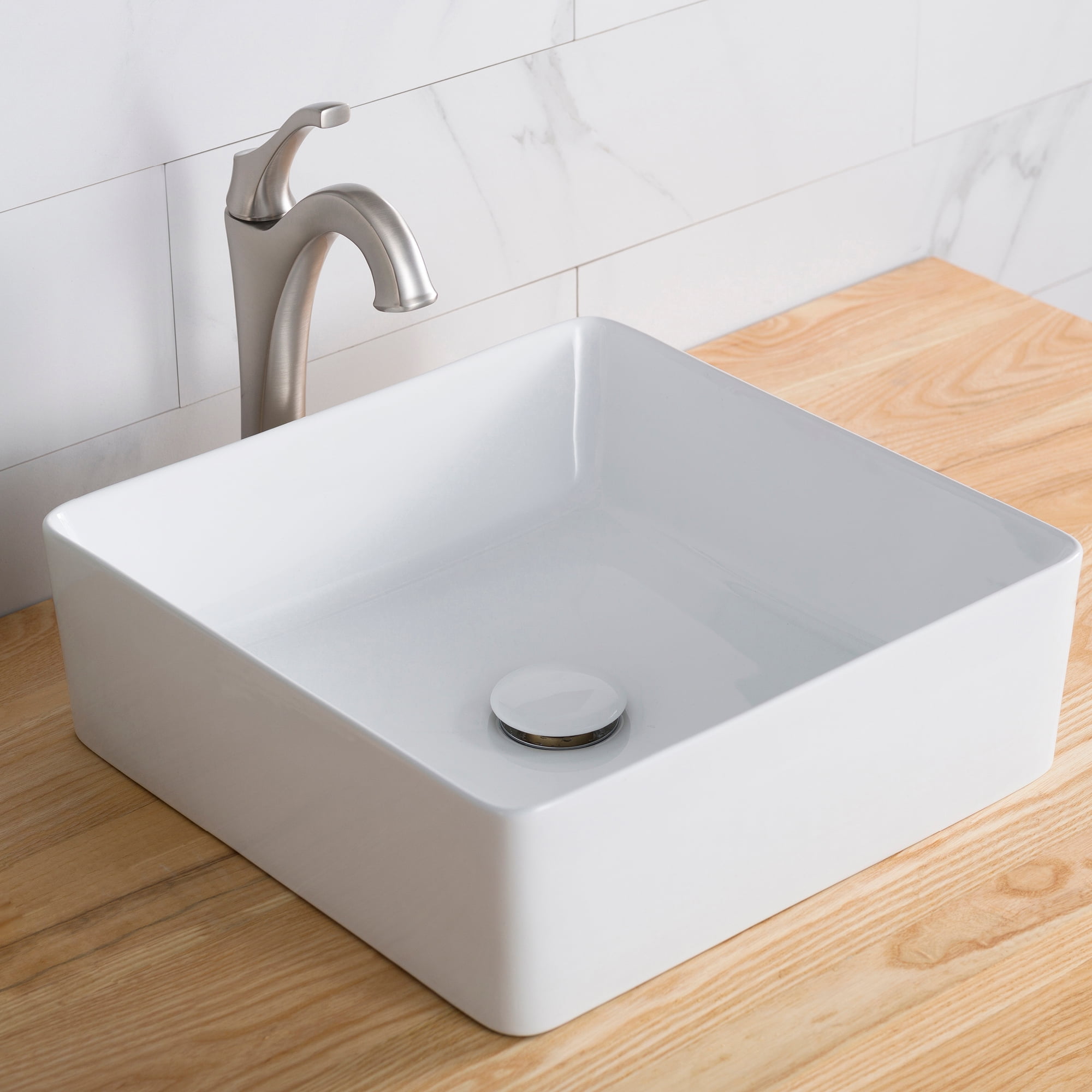 KRAUS Viva Square White Porcelain Ceramic Vessel Bathroom Sink, 15 5/8 in. L x 15 5/8 in. W x 5 1/8 in. H