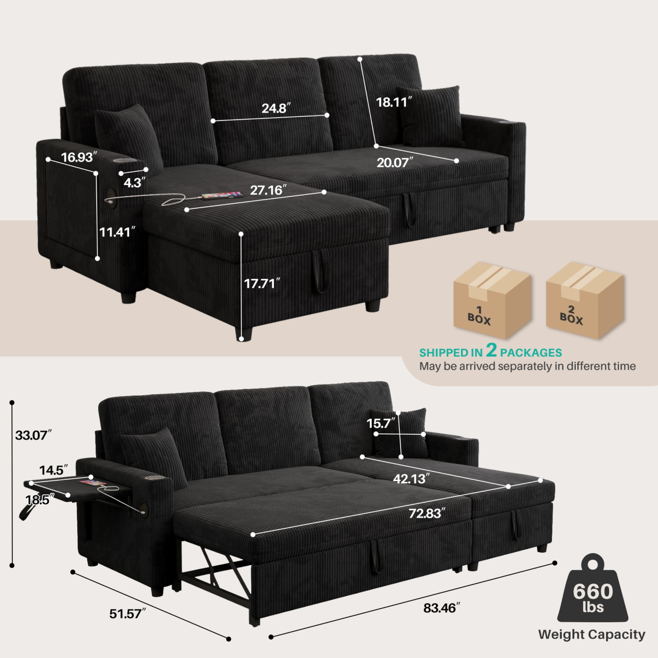 Sleeper Sectional Sofa, 83" Convertible Sofa Bed with Pull Out Couches, Small Desktop, L Shaped Couch with Reversible Chaise, Cup Holders, USB, Modern Corduroy Sofas for Living Room Apartment, Black