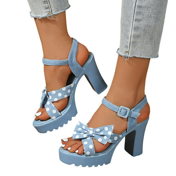 Womens High Heels Dressy Sandals Blue Denim Bow Dot Platform Block Pumps Summer Dress Shoes for Ladies