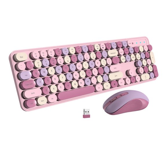 Wireless Keyboard Mouse Set, Pink-Colorful Typewriter Style With 2.4Ghz Wireless Technology, Ergonomically Designed For Silent Typing And Comfortable Use In Office Or Home