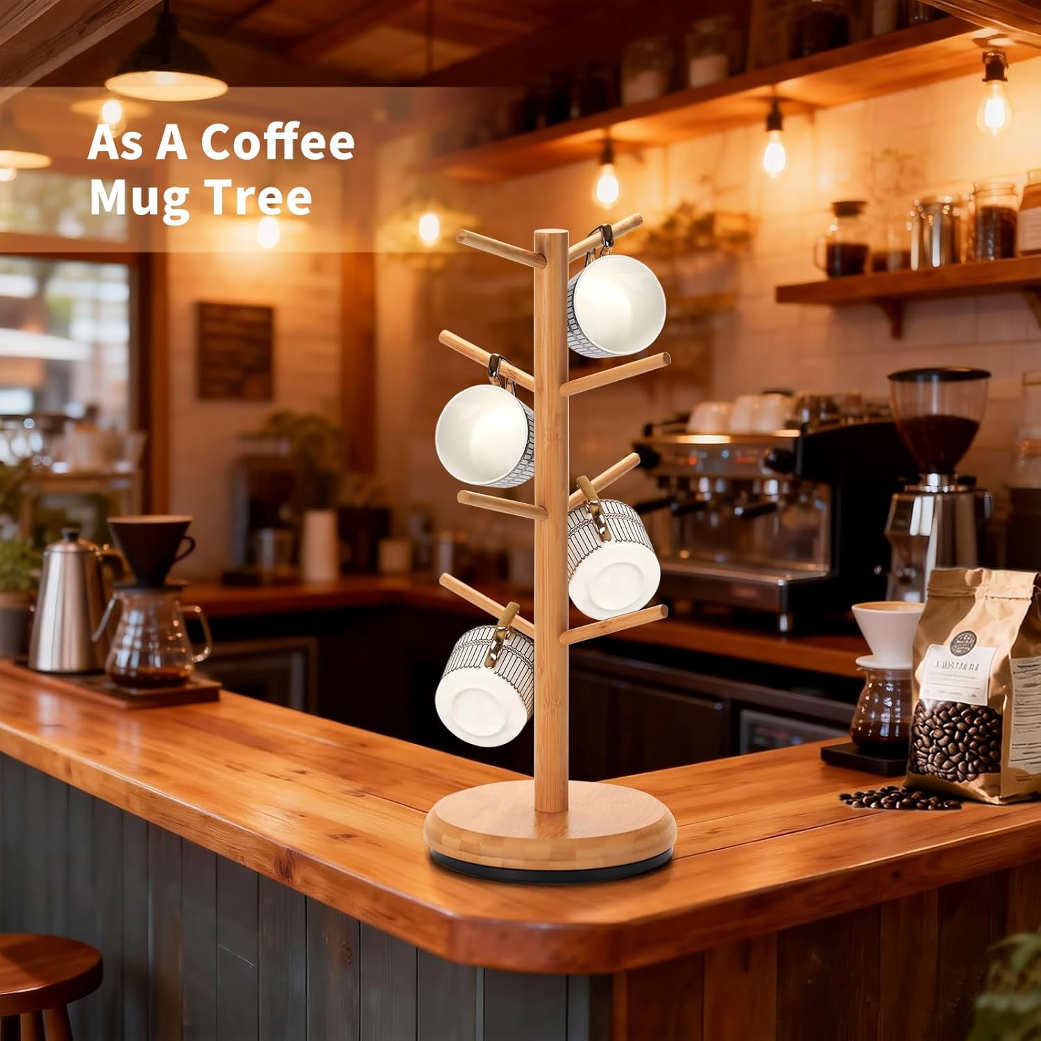 Bamboohomie Mug Holder for Counter Top, Mug Tree for Counter, Rotating Coffee Mug Tree Stand, Natural