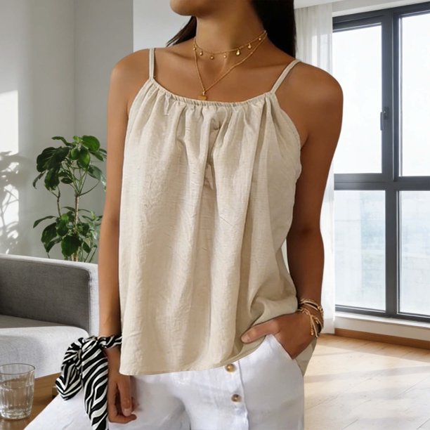 Craaazy Women's Oversized Sleeveless Tunic Tops, Lightweight Linen Blend Casual Cami, Adjustable Strap Ruched Blouse for Everyday Outfits Gifts