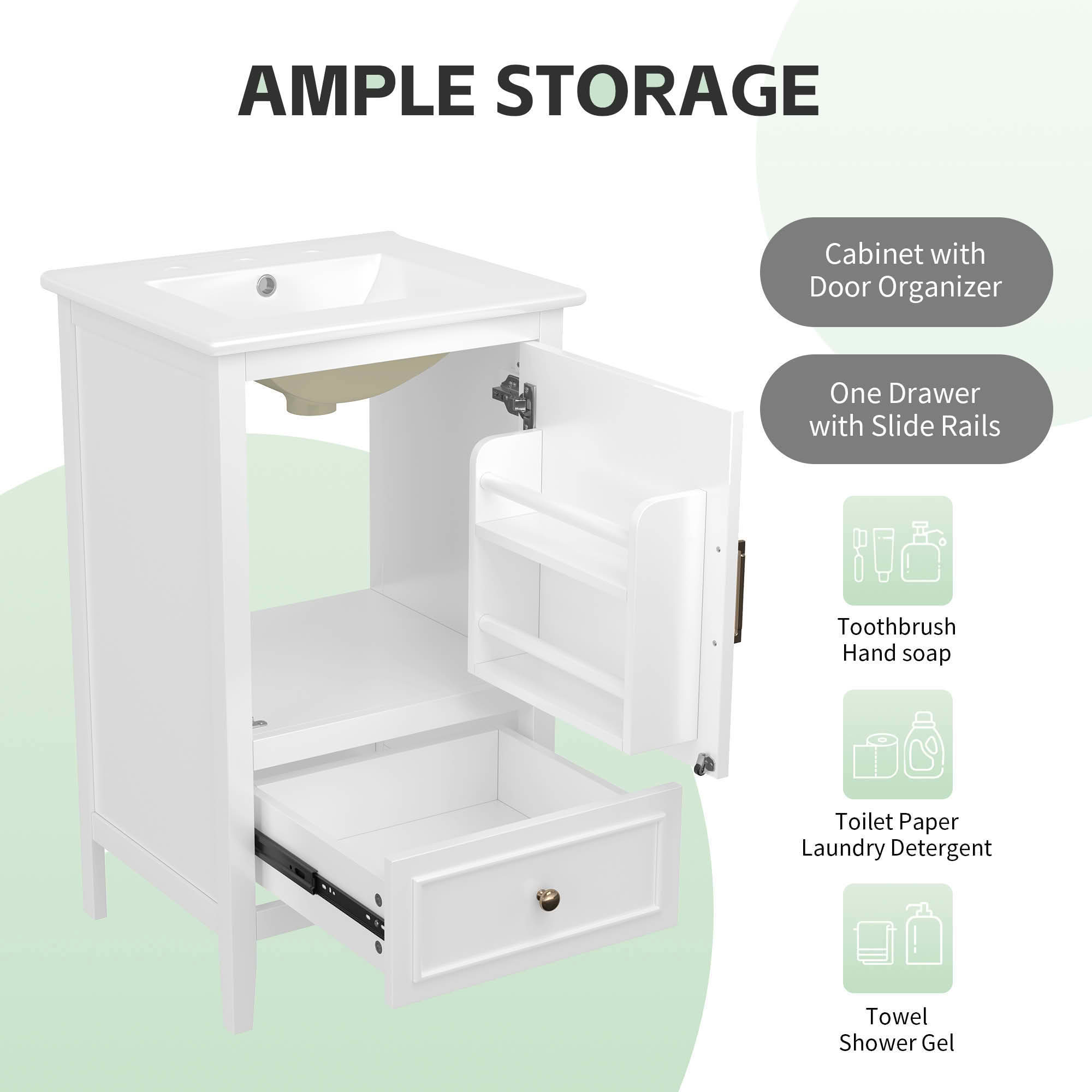 MAYEERTY 20" Bathroom Vanity with Sink 1 Door Shelf Adjustable Foot Pads Drawer White