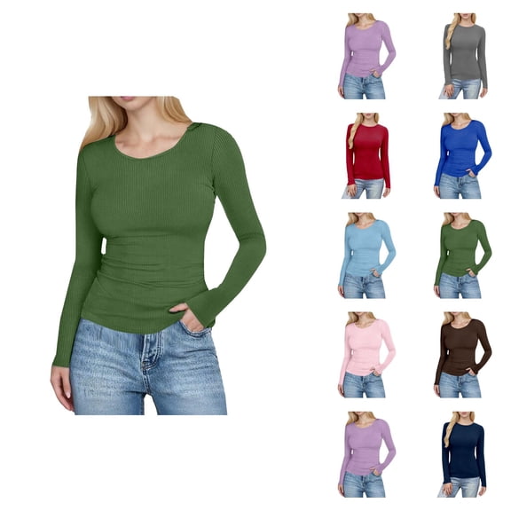 Long Sleeve Shirts for Women Spring Fall Slim Fit Ribbed Stretchy Crewneck Plain Basic Shirt Blouse Womens Undershirts