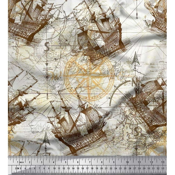 Soimoi Modal Satin Fabric Ship & Direction Compass Nautical Fabric Prints By Yard 42 Inch Wide