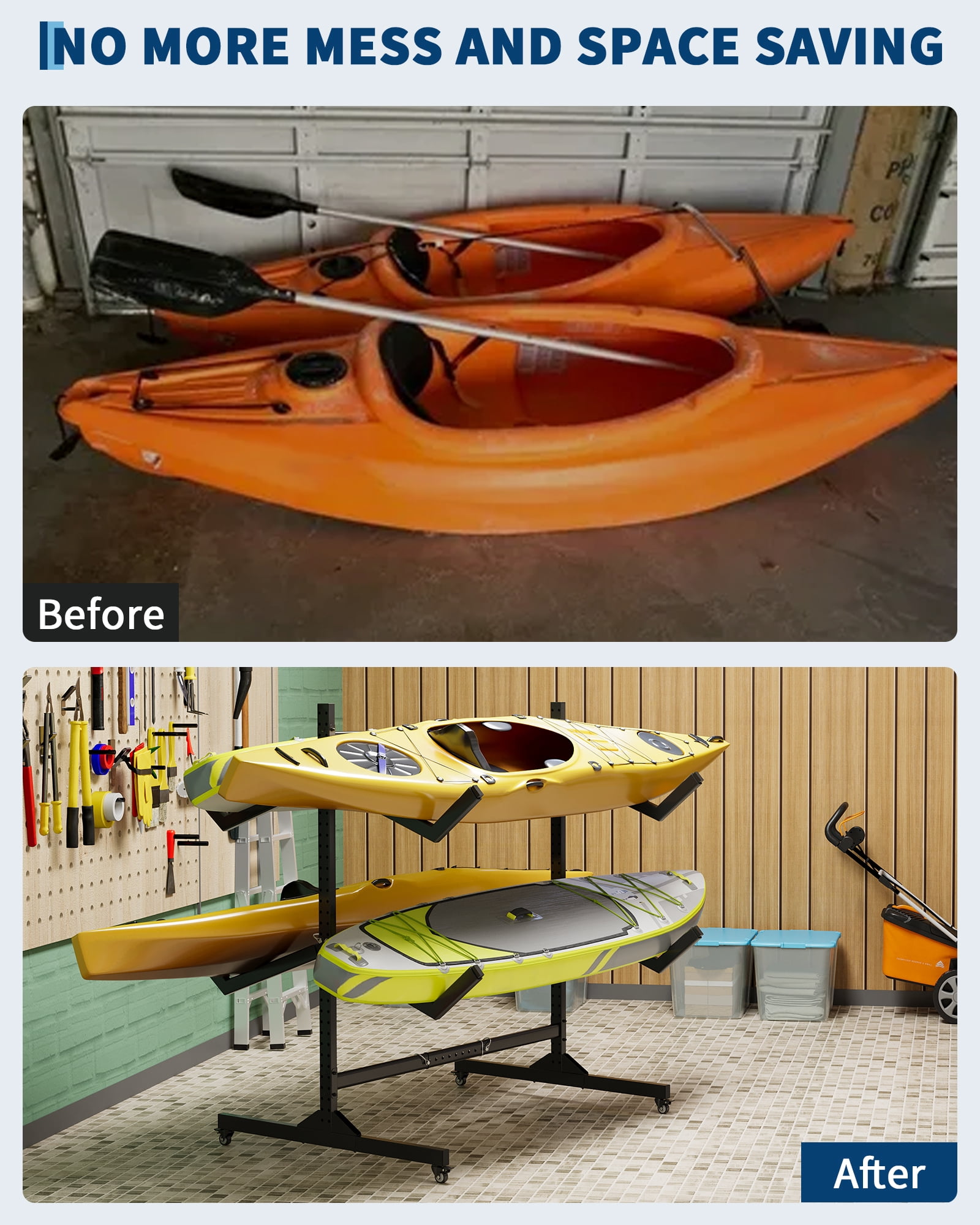 Mescukay Freestanding Kayak Storage Rack for 4 Kayaks, Kayak Racks for Outdoor Storage with Movable Wheels, Kayak Stand Heavy Duty Storage for Canoe, SUP and Surfboard