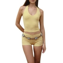 Raccmtaty Women Striped Shorts Set Halter Neck Sleeveless Slim Fit Crop Tank Tops Shorts 2-Piece Outfits