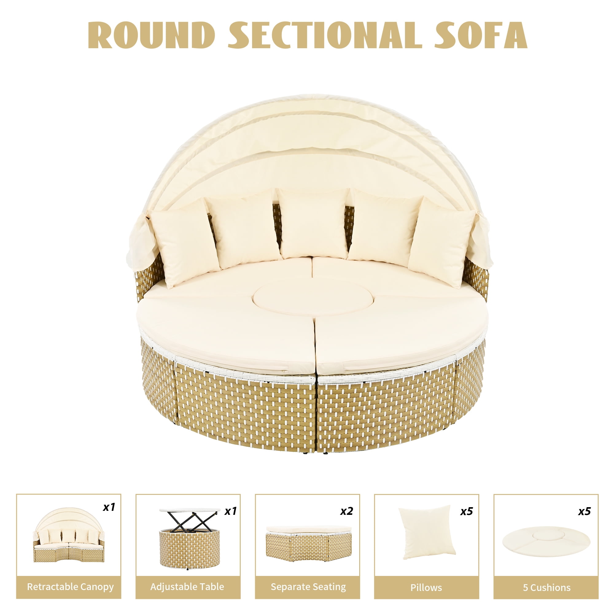 MAYEERTY Luxury Outdoor Round Sectional Sofa Set – Rattan Daybed with Retractable Canopy, Adjustable Table & Removable Cushions