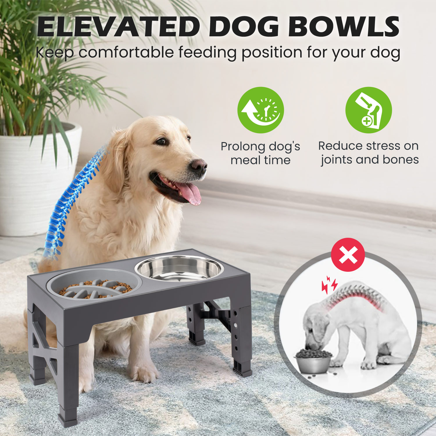 Elevated Dog Bowls Stand with 2 Stainless Steel Bowls & 1 Slow Feeder Adjusts to 5 Heights for Small Medium and Large Dogs(Gray)