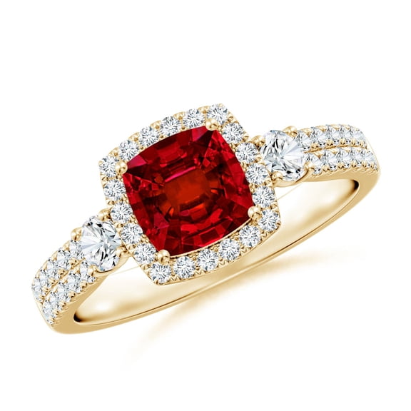 ANGARA Cushion Lab Grown Ruby Halo Double Shank Engagement Ring for Women in 14K Yellow Gold (Size-6mm) | July Birthstone, Birthday, Anniversary, Jewelry Gift for Women | Lab-Grown Ruby Ring