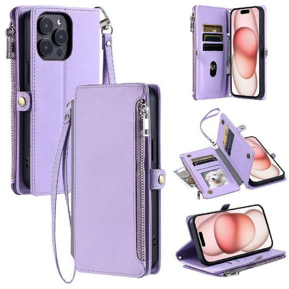Crossbody Case for iphone 16 Pro Case Wallet Long Lanyard Rfid Blocking Zipper Bills Slot 9 Card Slots