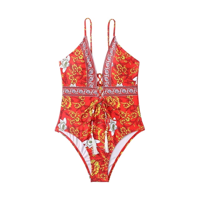 Aayomet Maillots de Bain pour Femmes Contrôle du Ventre Maillot de Bain Modeste Col en V, Rouge S