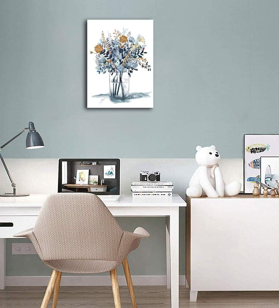 Navy Blue Flowers Canvas Wall Art Bedroom Wall Decor Minimalistic Bouquet Canvas Pictures Blossom Watercolor Artwork for Living Room Bathroom Home Office Decoration Indigo Floral Canvas 12 x 16