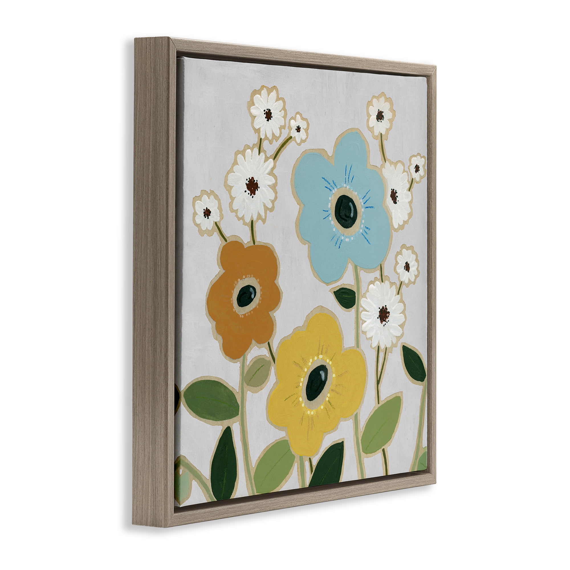Stupell Industries Primary Hued Blossoms Plants & Flowers Painting Brown Floater Framed Canvas Art Print Wall Art, 25 x 25