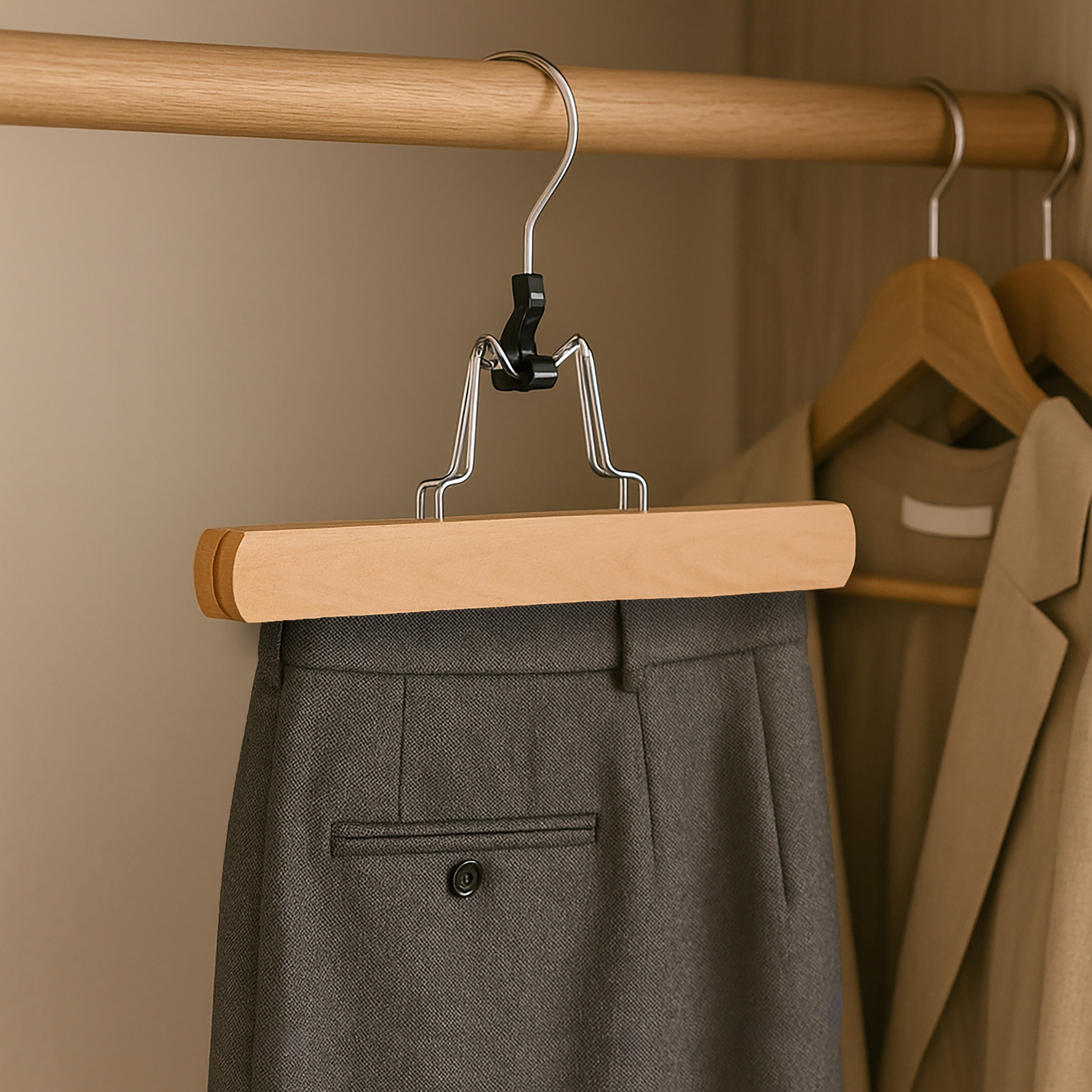 Simplify 5-Pack Wooden Clamp Hangers for Skirts and Slacks | Natural Wood Trouser Hangers | Chrome Hook Pants Hangers | Bottom Garment Organizers