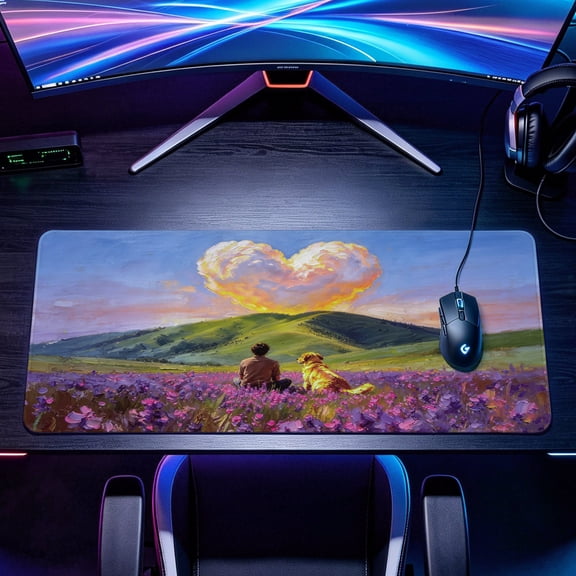 Extra Large heart shaped cloud with man and golden retriever oil painting Mouse Pad,Non Slip Rubber Pad,Desktop Decoration Drotection Pad,Washable,Lock Edge Multi Size,Premium Multipurpose Mousepad