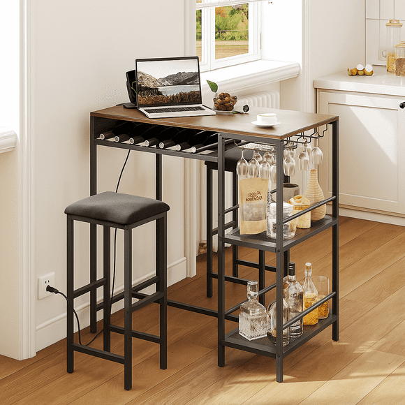 Mueble Bar con Mesa Alta y 2 Bancos Conexiones trifasica– Porta Botellas y Porta Copas, Estructura Metálica Estilo Industrial para Cocina Comedor