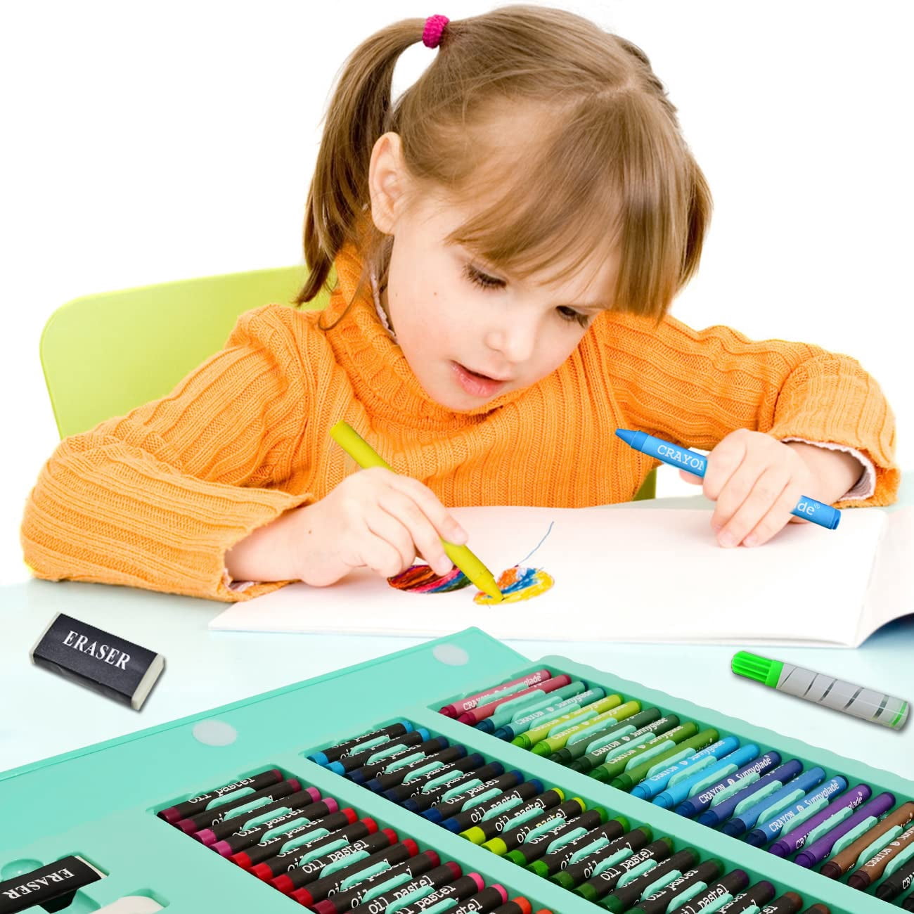 Bibana 185 Pieces Double Sided Trifold Easel Art Set, Drawing Art Box with Oil Pastels, Crayons, Colored Pencils, Markers, Paint Brush, Watercolor Cakes, Sketch Pad (Green)