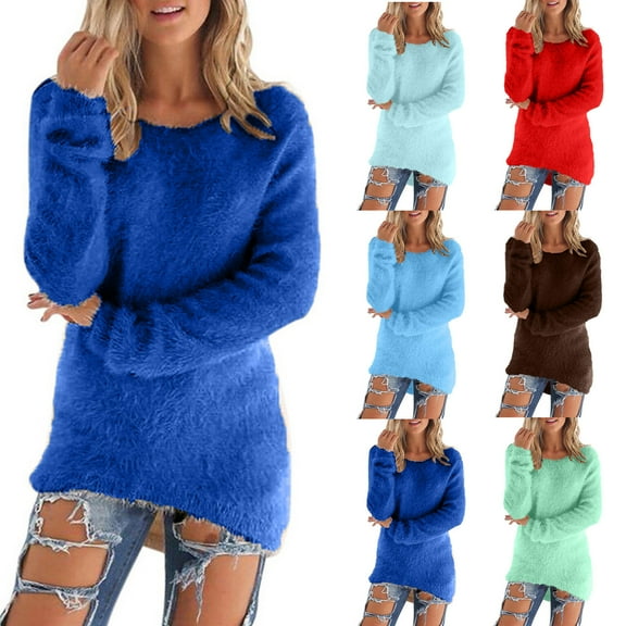 FRSASU Women's fashionable and comfortable Classic-Fit sweater Solid Color Casual Long-Sleeve Round Neck Top Sky Blue