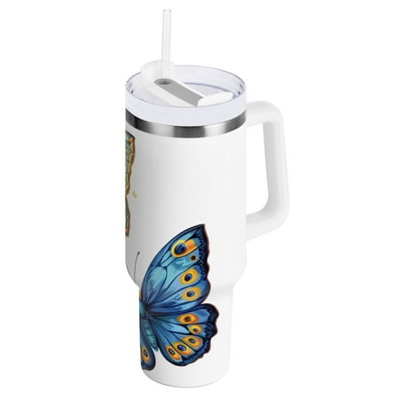 

JSTEL Blue & Golden Butterflies 30 oz Tumbler Stainless Steel Water Bottle Vacuum Insulated Cup with Straw Lid & Handle For Travel Car Cup Holder