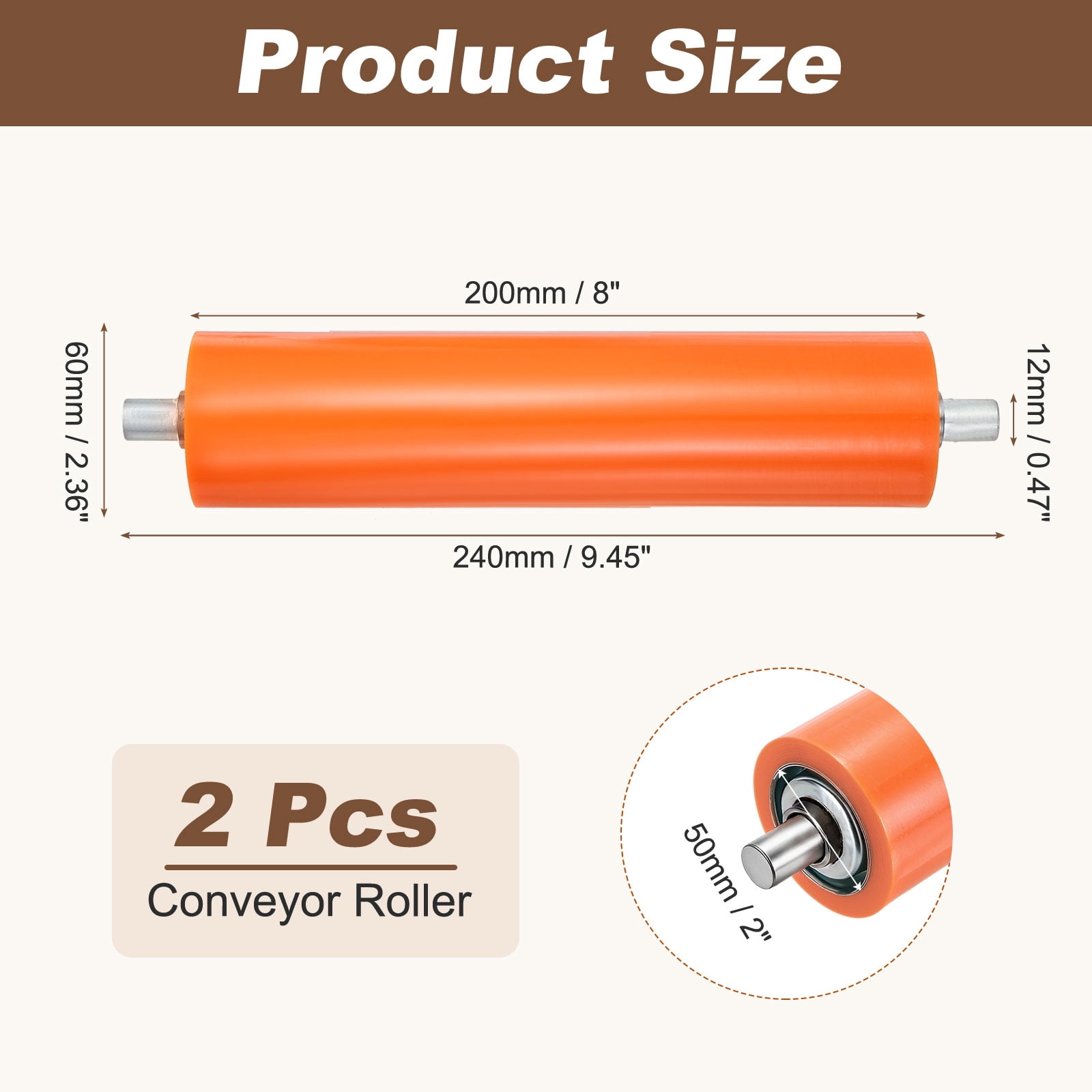 Uxcell 2.4" Dia 8" Long Conveyor Roller, 2Pcs Rubber Coated Galvanized Carbon Steel Heavy Duty Industrial Transfer Accessories for Kayaks Raft Conveyors Roller Stands Woodworking, Orange