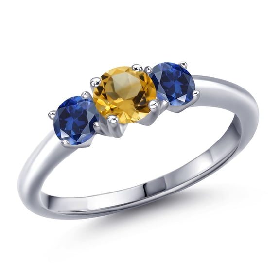Gem Stone King 925 Sterling Silver Yellow Citrine and Blue Created Sapphire Engagement Ring for Women | 0.95 Cttw | Round 5MM | Gemstone November Birthstone | Size 7