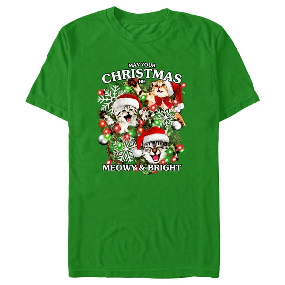 Men's Lost Gods Meowy and Bright Christmas  Graphic Tee Kelly Green Medium
