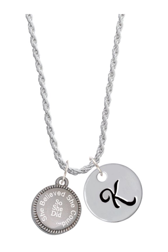 Stainless Steel Disc She Believed She Could So She Did Silvertone Script Initial Disc - K - Charm Necklace, 20"+3"
