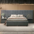 thumbnail image 2 of Queen Size Platform Bed with Big Headboard, Heavy Duty Solid Wood Velvet Upholstered Bed Frame with 2 Shelves for Bedroom, No Box Spring Needed, Gray, 2 of 7