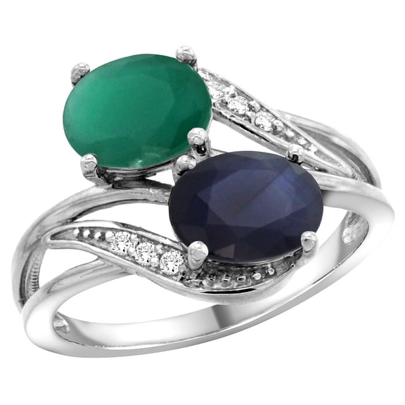 14K White Gold Diamond Natural Quality Emerald &Australian Sapphire 2-stone Mothers Ring Oval 8x6mm,sz7.5