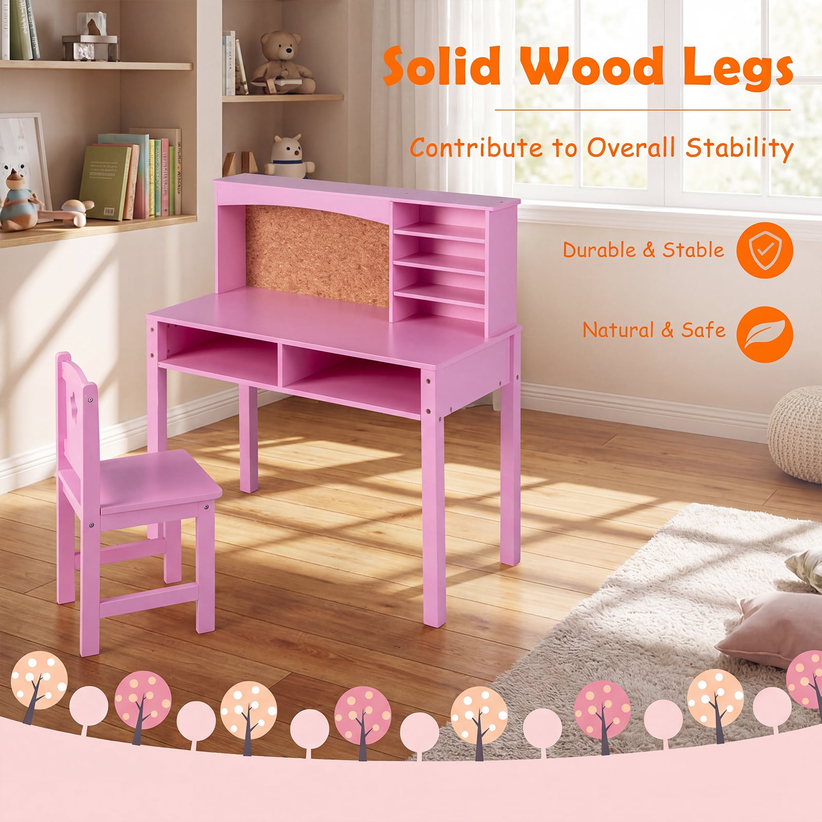 Furnibear Kids Desk and Chair Set with Hutch and Bulletin Board, Children Study Desk and Chair with Storage, Kids Writing Desk, Pink
