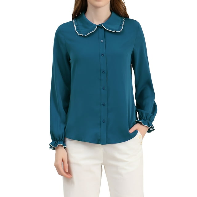 INSPIRE CHIC Women's Sweet Ruffle Peter Pan Collar Button up Work Shirts S Peacock Blue