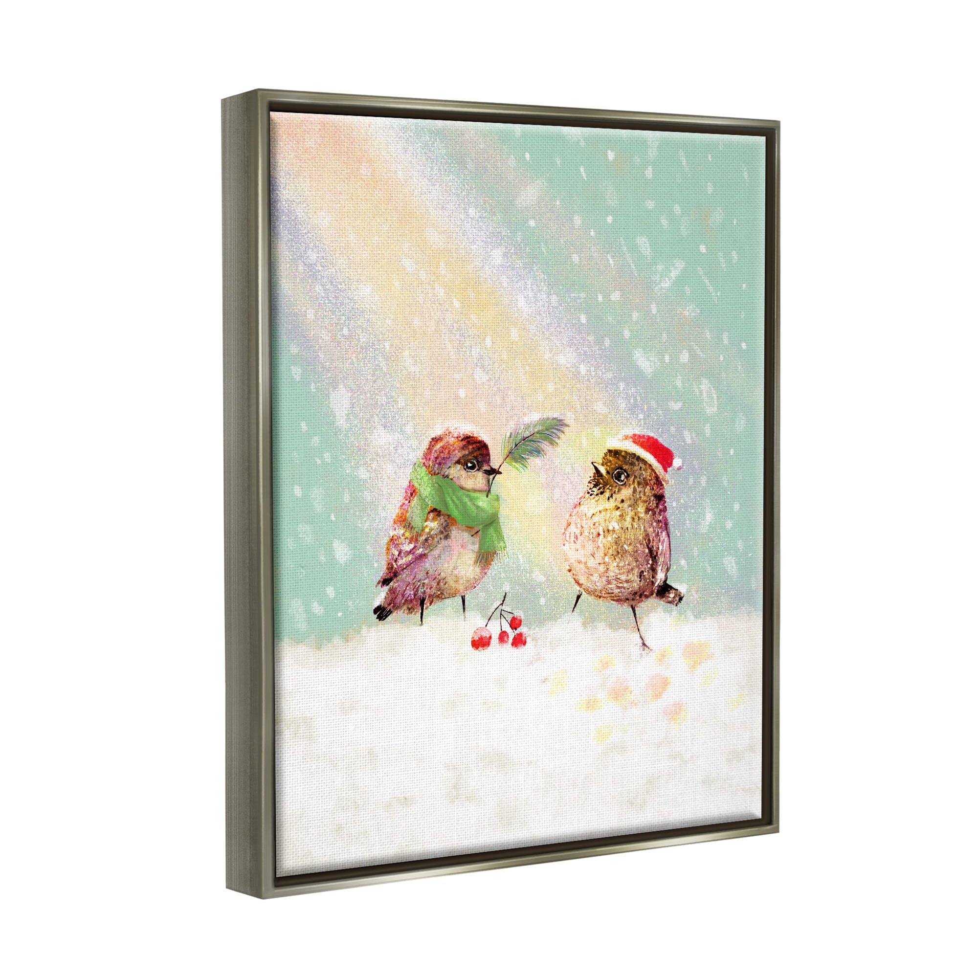 Stupell Industries Holiday Birds & Snowy Rainbow Holiday Painting Gray Floater Framed Canvas Art Print Wall Art, 17 x 21