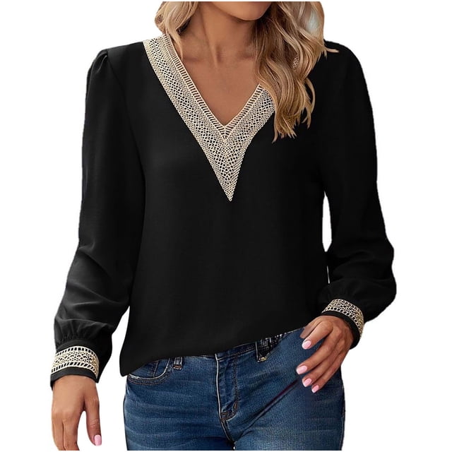Pompotops Mode Haut en Chiffon à Manches Longues Col en V Uni pour Femmes en Solde
