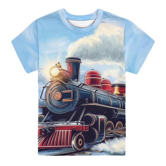 Kiijoy Boys T-Shirt Train Print Graphic Tee Casual Short Sleeve Tshirt, Blue, Sizes 2-15