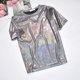 thumbnail image 2 of Top brillante de cuello redondo y manga corta para mujer - Camiseta informal de tejido fino, poliéster/spandex, tallas S-XXXXXXL, para todas las estaciones, 2 of 4