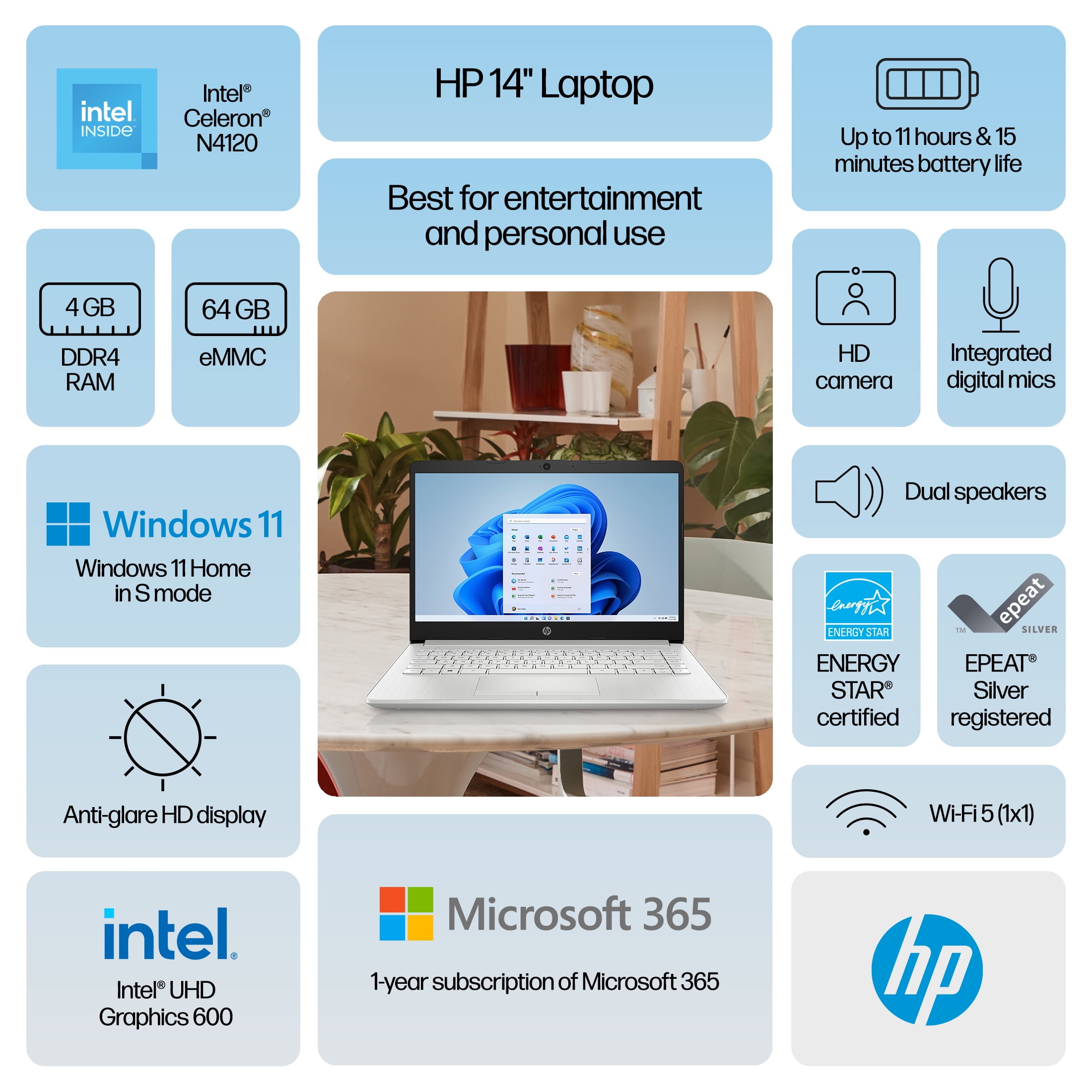 HP 14" HD Laptop, Intel Celeron N4120, 64GB eMMC, Windows 11 Home in S Mode, 14-cf2733wm