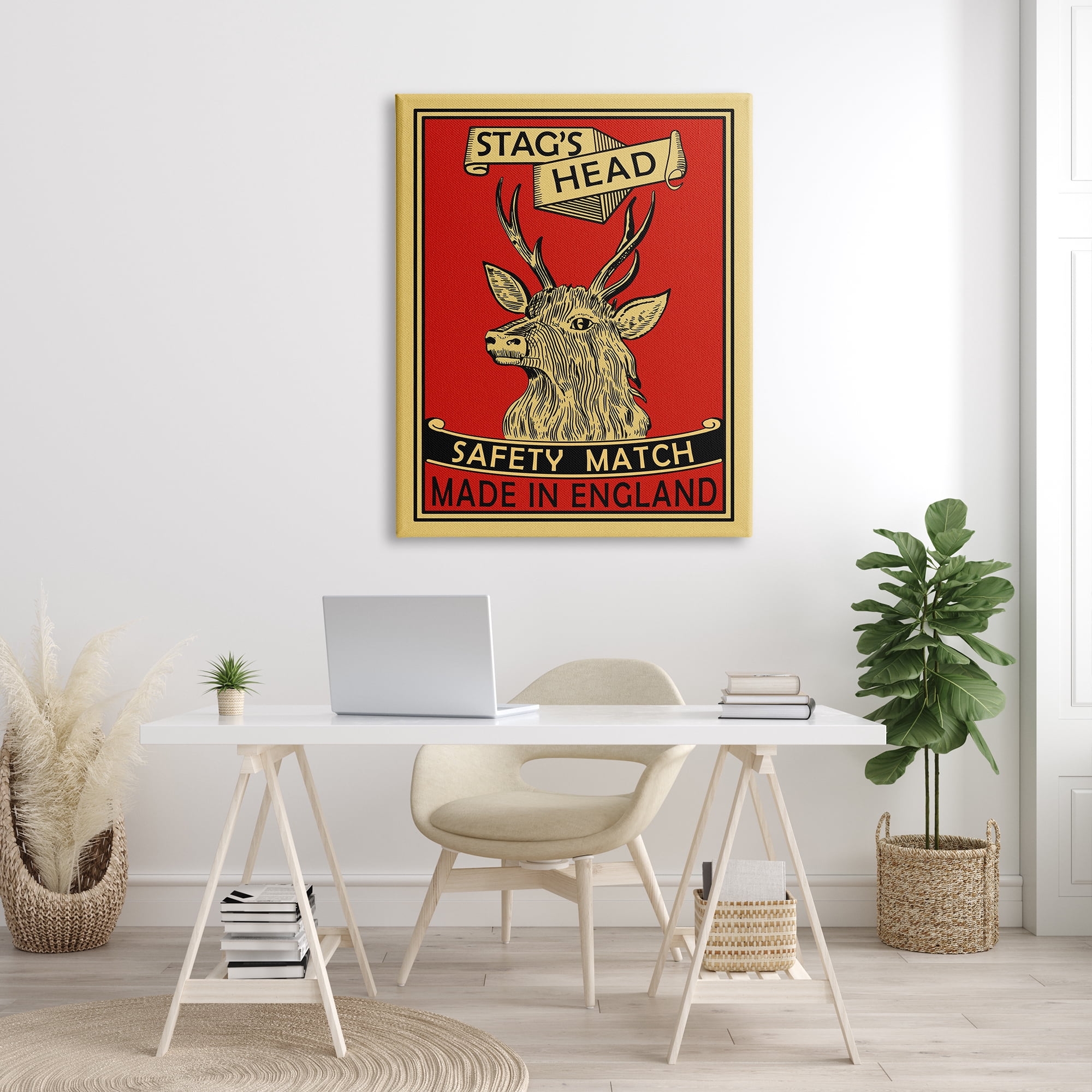 Stupell Industries Stag's Head Safety Match Advertisement Deer Red Yellow, 36 x 48, Designed by Mark Rogan