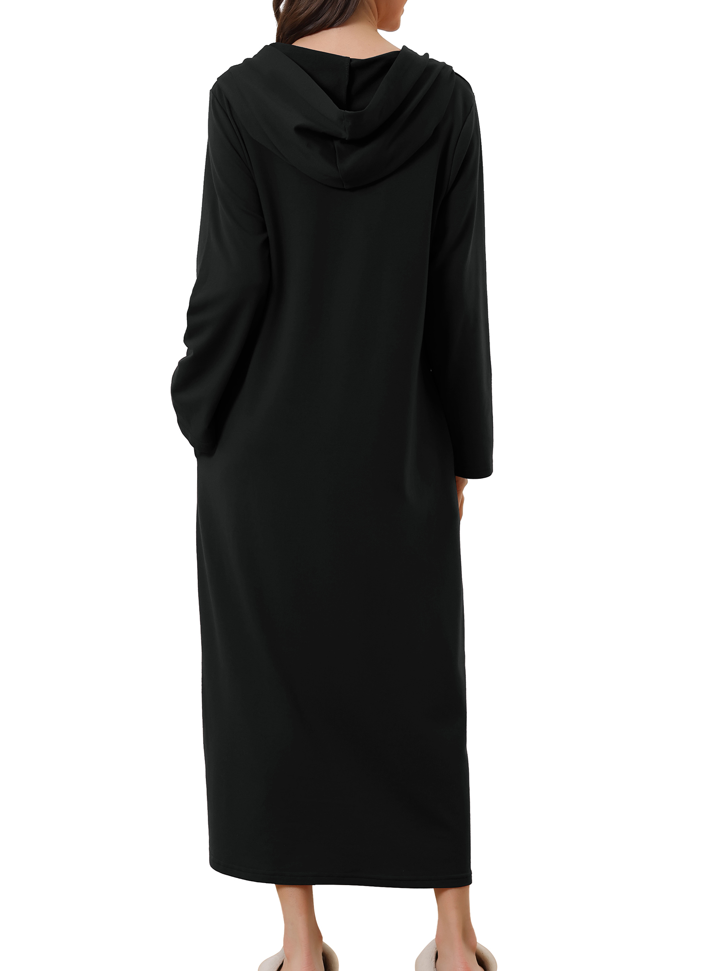 Unique Bargains Womens Robe Zip up Hooded House Dress Nightshirt Hoodie Long Bathrobe XL Black