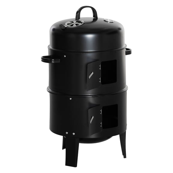 Charcoal BBQ Smoker Grill 3-in-1, Vertical Smoker with 2 Cooking Areas, Thermometer, Black