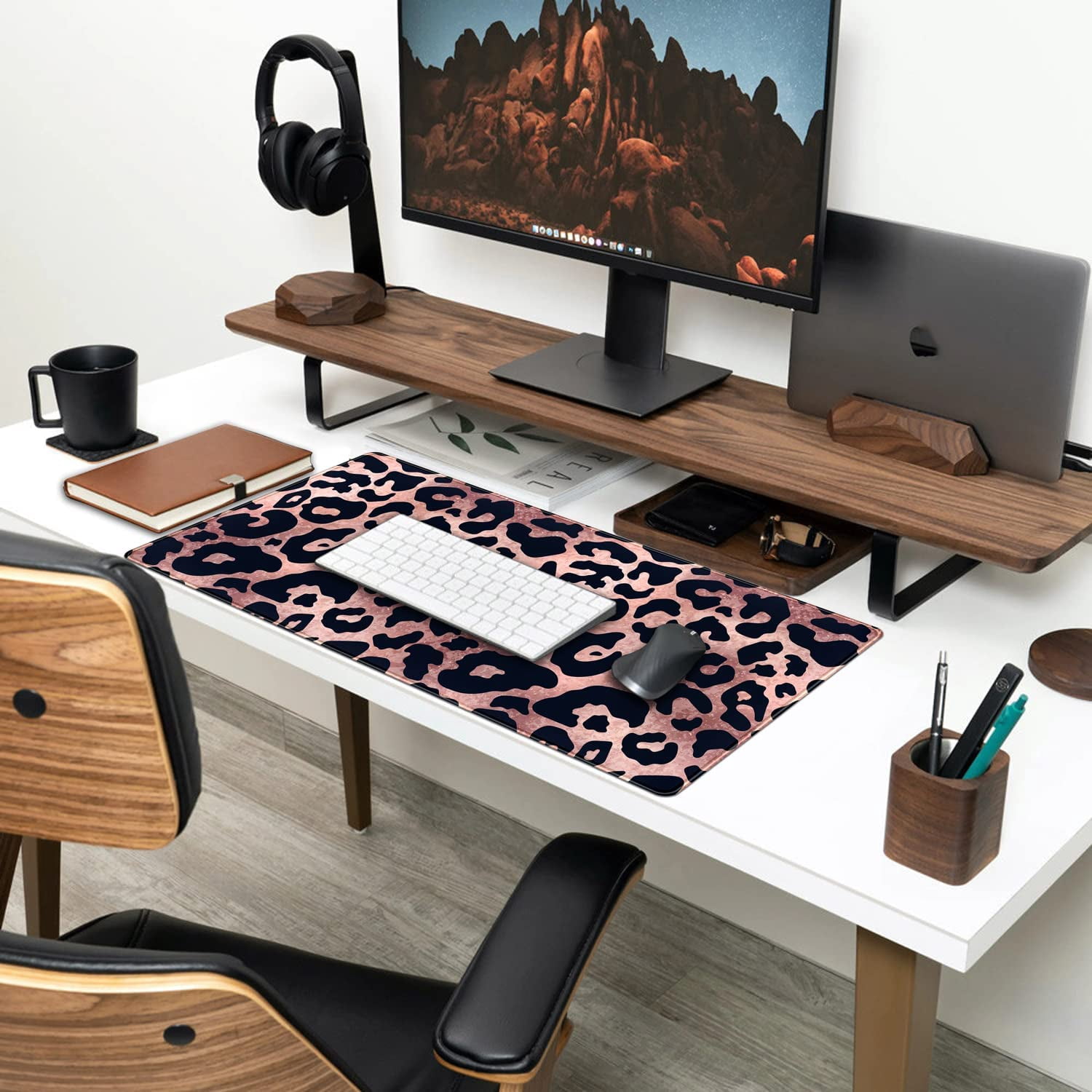 Desk Mat Decor Leopard Rose Black Large Gaming Mouse Pad Gold Pink Marble Mousepad for Women Computer Office Keyboard Mat Laptop Big Mouse Pad Cute Desk Decor 31.5x15.7 in with Non-Slip Stitched Ege